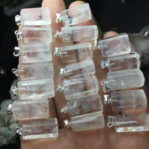 hexagonal column shape natural blue needle quartz bead sterling silver charm