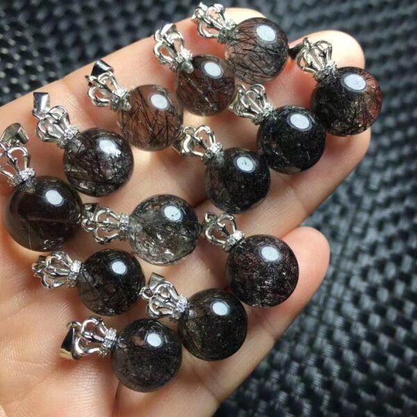 round shape natural Black Rutilated Quartz bead sterling silver crown charm