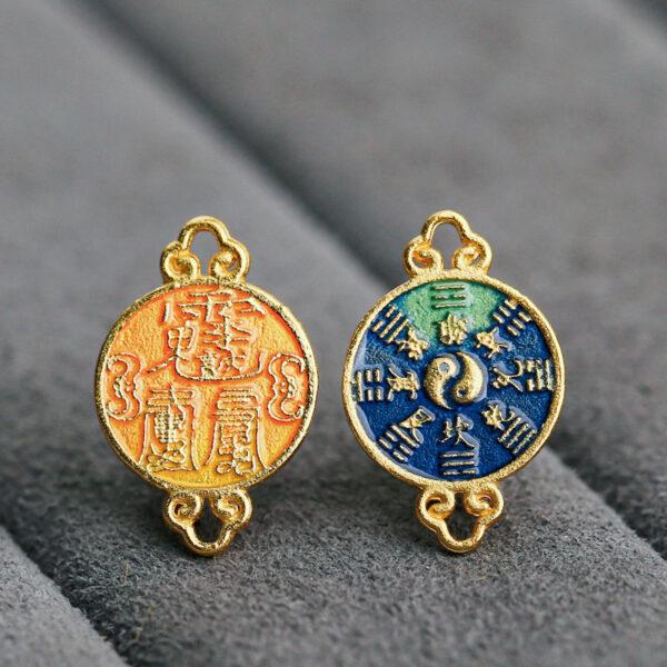 gild sterling silver Taoist Runes pattern round shape bead, orange enamel bead, 2 pieces / 5 pieces