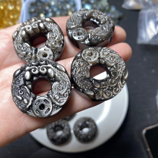 double pixiu animal pattern ring shape natural silver obsidian charm bead