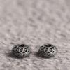 hollow flower pattern oblate shape s925 sterling silver bead, oxidized silver oblate bead