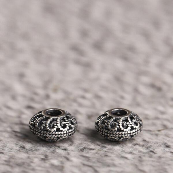 hollow flower pattern oblate shape s925 sterling silver bead, oxidized silver oblate bead