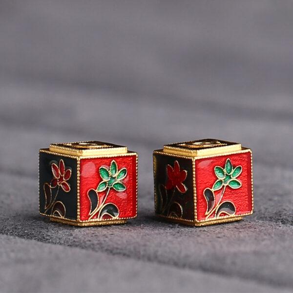 plum flower pattern cube shape gild sterling silver bead, colorful enamel round bead