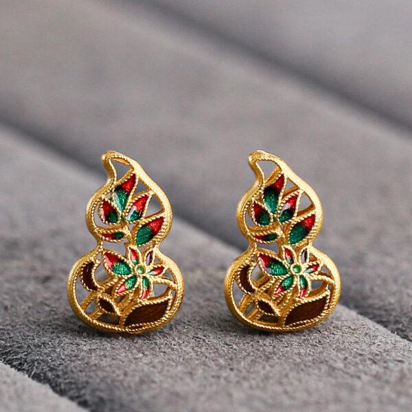gild sterling silver hollow gourd shape bead, enamel flower bead, 2 pieces / 5 pieces