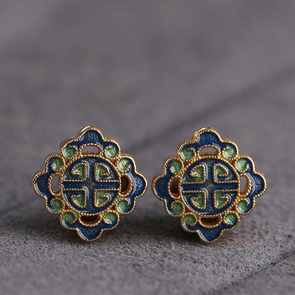 gild flower pattern square shape bead, green and blue enamel bead