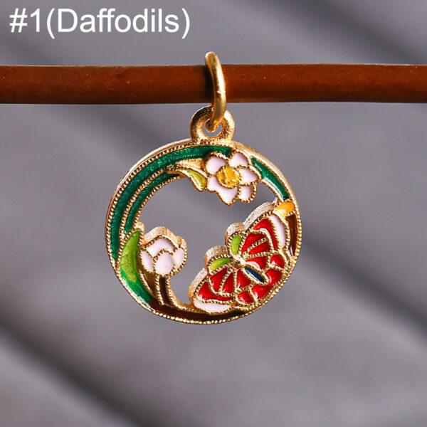 gild sterling silver flowers of the twelve months pattern round shape charm bead, enamel charm - Image 4