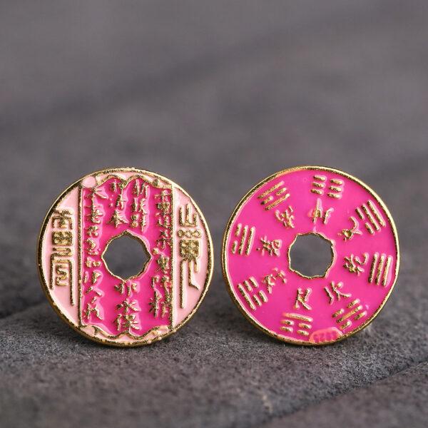 gild sterling silver Taoist Coins shape bead, pink enamel bead