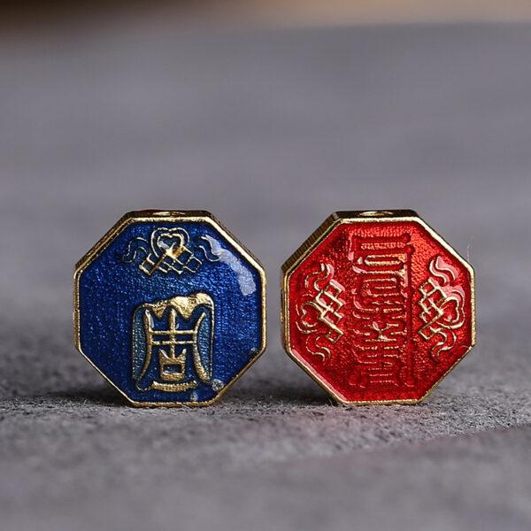 gild sterling silver Taoist Runes pattern polygon shape bead, red and enamel bead