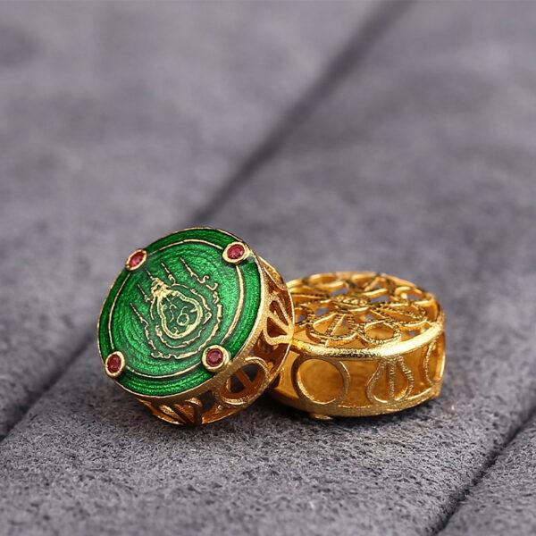 gild sterling silver Buddhist Scriptures pattern round shape bead, blue and green enamel bead, 2 pieces / 5 pieces - Image 2