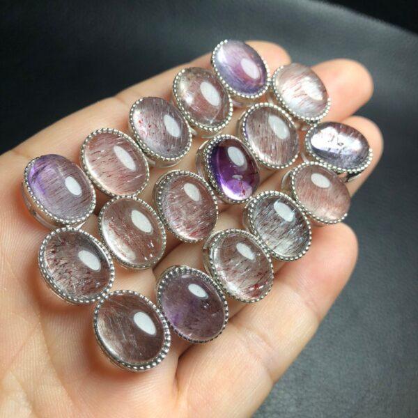 oval shape natural Amethyst Rutilated Quartz bead inlaid sterling silver charm - Image 2