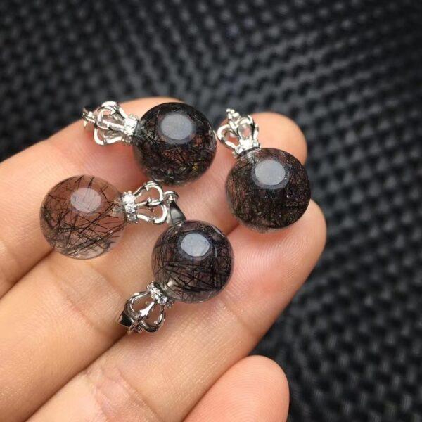 round shape natural Black Rutilated Quartz bead sterling silver crown charm - Image 2