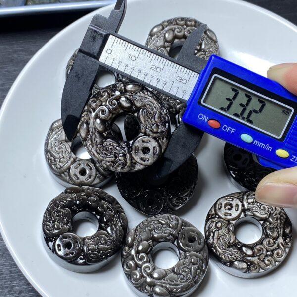 double pixiu animal pattern ring shape natural silver obsidian charm bead - Image 2