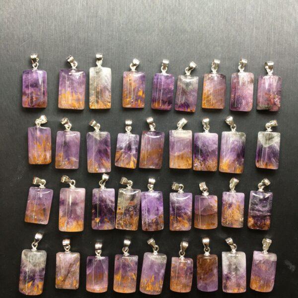 rectangle shape natural Amethyst Rutilated Quartz bead sterling silver charm - Image 2