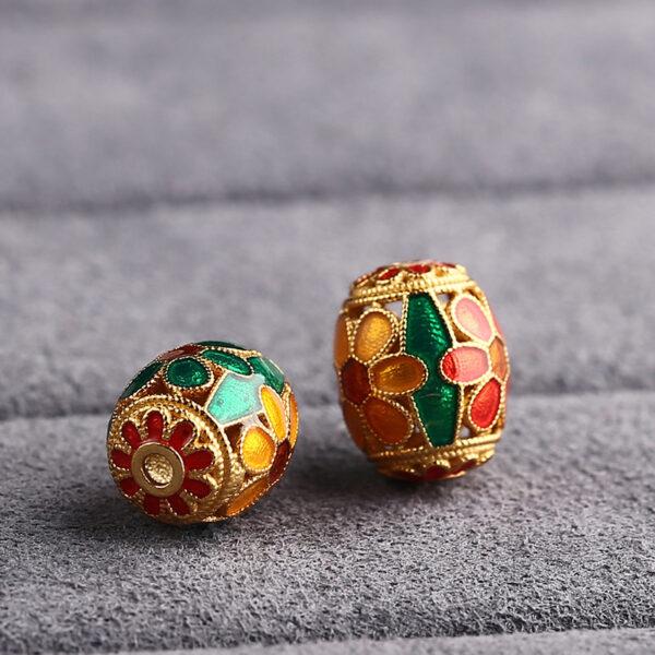 gild sterling silver plum flower pattern oval bead, colorful enamel flower bead - Image 3