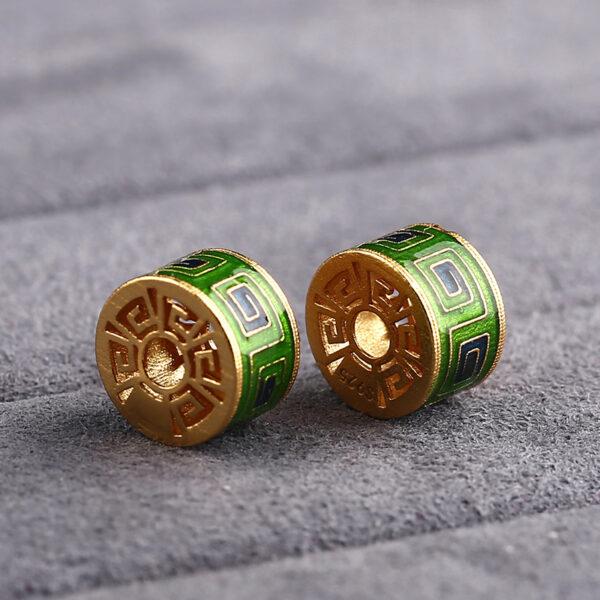 gild sterling silver fret pattern cylindrical shape bead, green enamel bead - Image 3