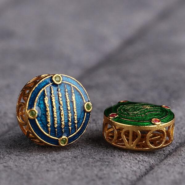 gild sterling silver Buddhist Scriptures pattern round shape bead, blue and green enamel bead, 2 pieces / 5 pieces - Image 3