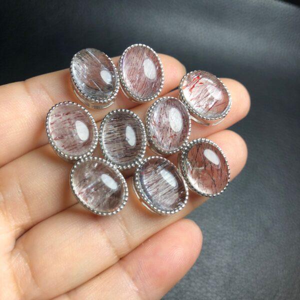 oval shape natural Amethyst Rutilated Quartz bead inlaid sterling silver charm - Image 3