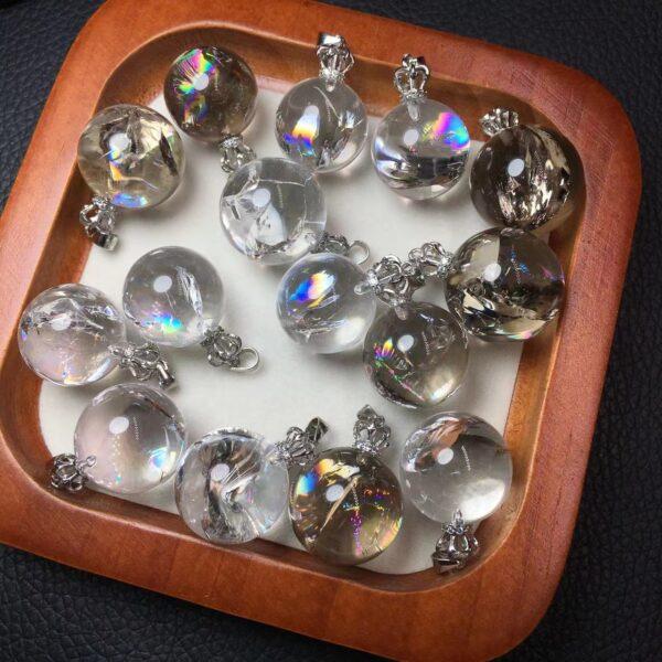 round shape natural rainbow light clear and smoky quartz bead sterling silver charm - Image 3