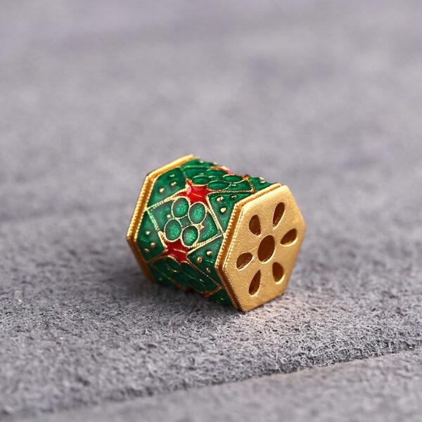 flower pattern hexagonal prism shape gild sterling silver bead, green enamel prism bead - Image 3