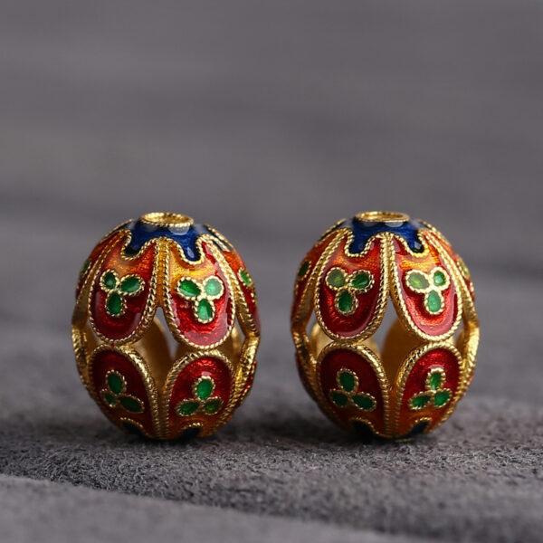hollow flower pattern oval shape gild sterling silver bead, red enamel bead - Image 3