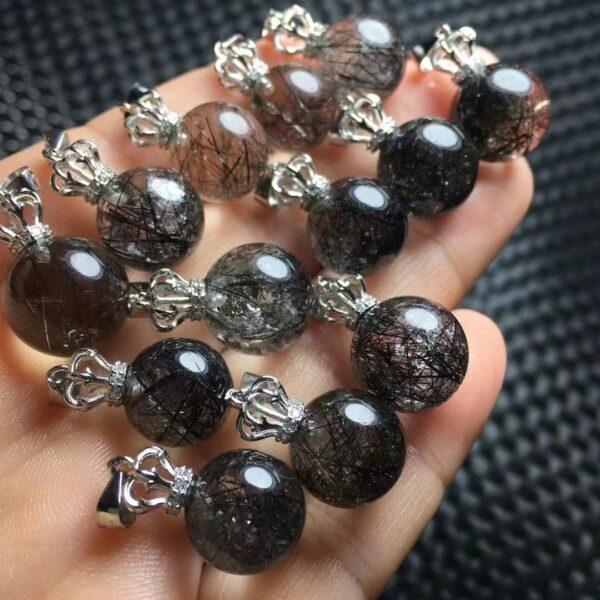 round shape natural Black Rutilated Quartz bead sterling silver crown charm - Image 3