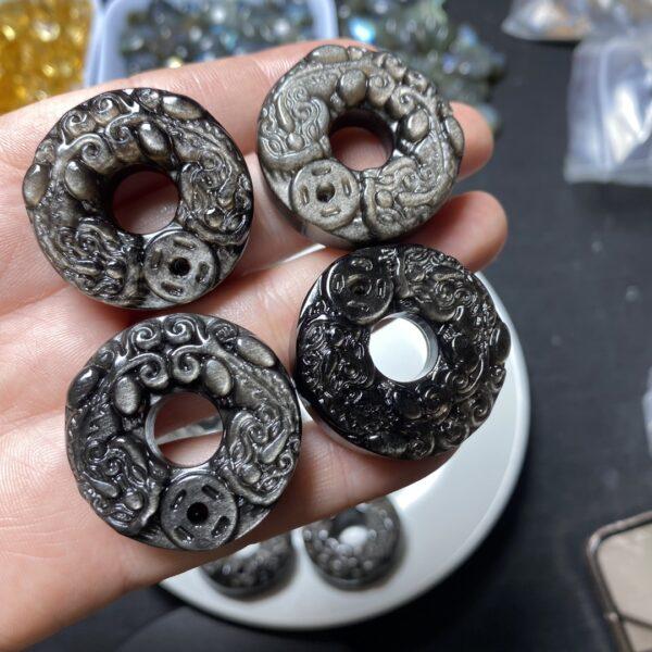 double pixiu animal pattern ring shape natural silver obsidian charm bead - Image 3