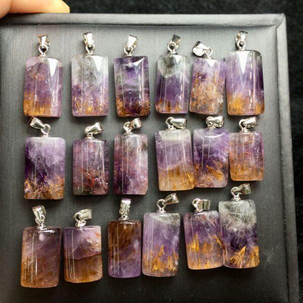 rectangle shape natural Amethyst Rutilated Quartz bead sterling silver charm - Image 3