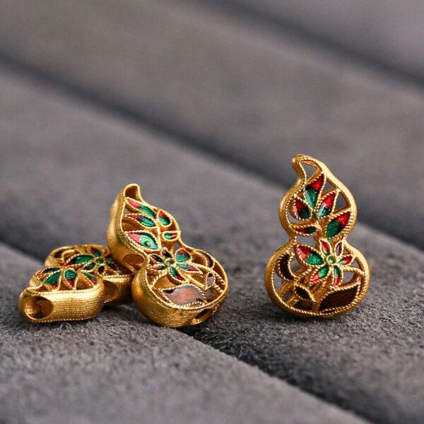 gild sterling silver hollow gourd shape bead, enamel flower bead, 2 pieces / 5 pieces - Image 3