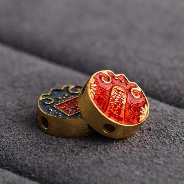 gild sterling silver God of Wealth and flower pattern round shape bead, red and blue enamel bead - Image 3