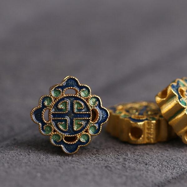 gild flower pattern square shape bead, green and blue enamel bead - Image 3