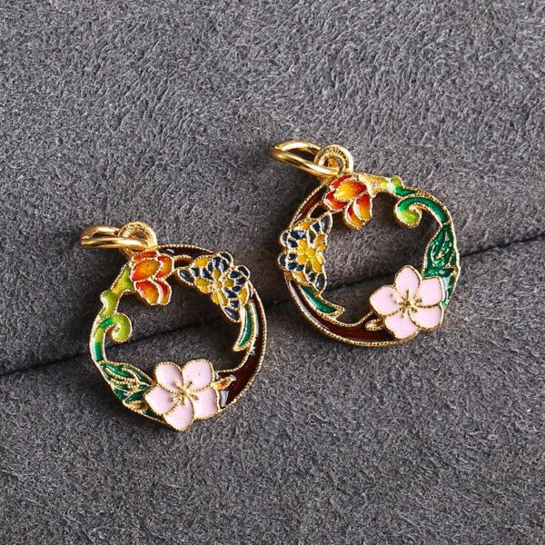 gild sterling silver flowers of the twelve months pattern round shape charm bead, enamel charm - Image 3
