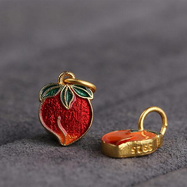 gild sterling silver peach shape charm bead, red enamel charm, 2 pieces / 5 pieces - Image 3