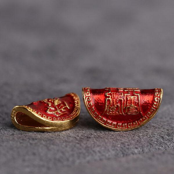 gild sterling silver Taoist Runes pattern semicircle shape bead, red enamel bead - Image 3