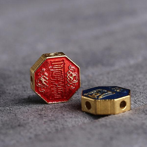 gild sterling silver Taoist Runes pattern polygon shape bead, red and enamel bead - Image 3