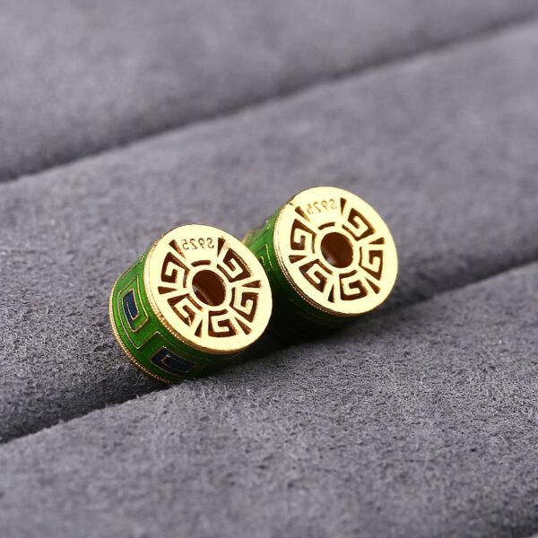 gild sterling silver fret pattern cylindrical shape bead, green enamel bead - Image 4