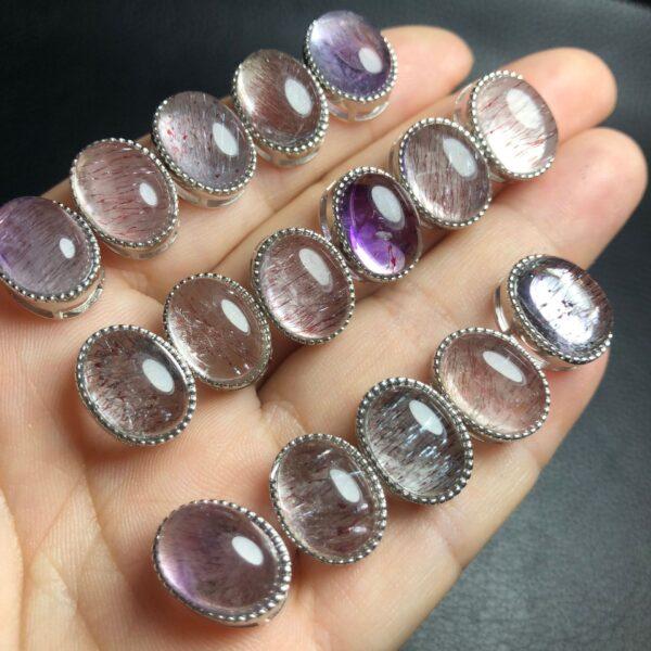 oval shape natural Amethyst Rutilated Quartz bead inlaid sterling silver charm - Image 4