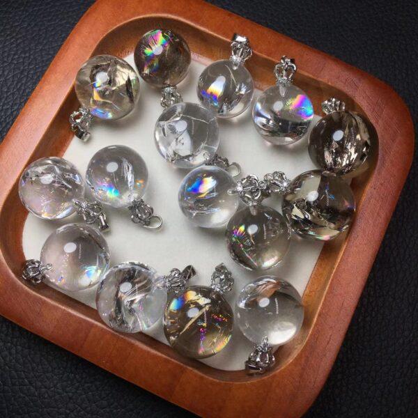 round shape natural rainbow light clear and smoky quartz bead sterling silver charm - Image 4