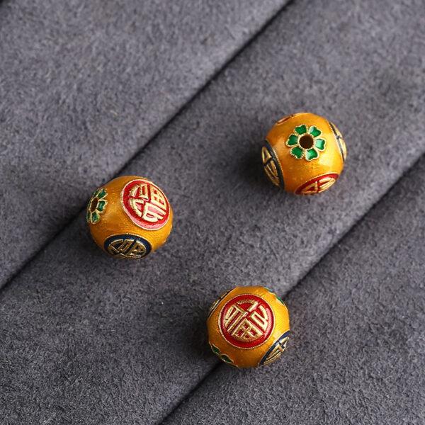 福 pattern round shape gild sterling silver bead, orange enamel round bead - Image 4