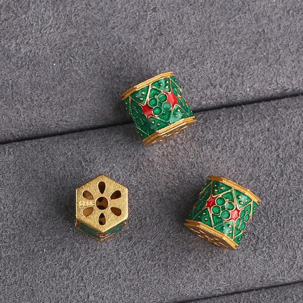 flower pattern hexagonal prism shape gild sterling silver bead, green enamel prism bead - Image 4