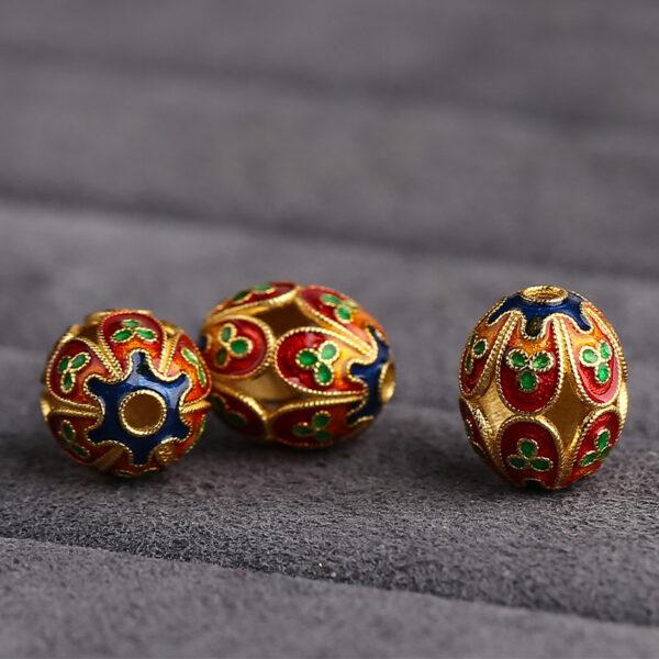 hollow flower pattern oval shape gild sterling silver bead, red enamel bead - Image 4