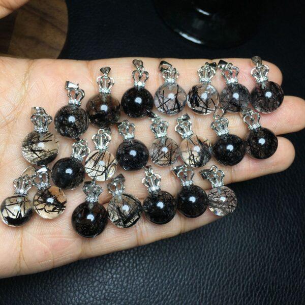round shape natural Black Rutilated Quartz bead sterling silver crown charm - Image 4
