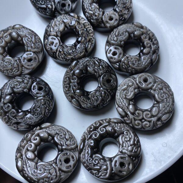 double pixiu animal pattern ring shape natural silver obsidian charm bead - Image 4