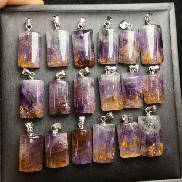 rectangle shape natural Amethyst Rutilated Quartz bead sterling silver charm - Image 4