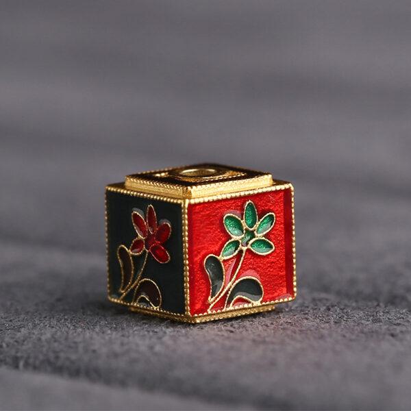 plum flower pattern cube shape gild sterling silver bead, colorful enamel round bead - Image 4