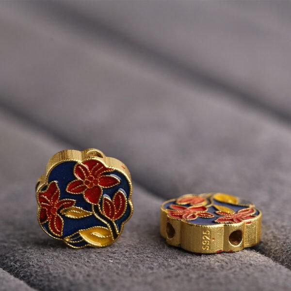 nice plum flower shape gild sterling silver bead, red enamel flower bead - Image 4