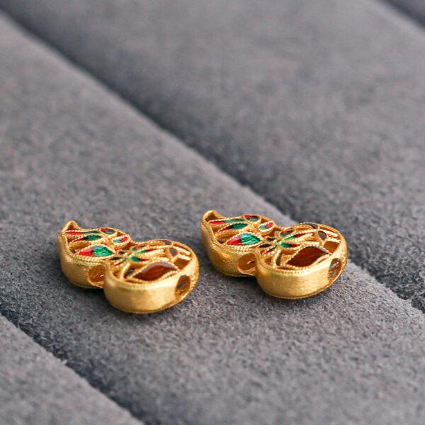 gild sterling silver hollow gourd shape bead, enamel flower bead, 2 pieces / 5 pieces - Image 4