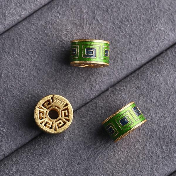 gild sterling silver fret pattern cylindrical shape bead, green enamel bead - Image 5