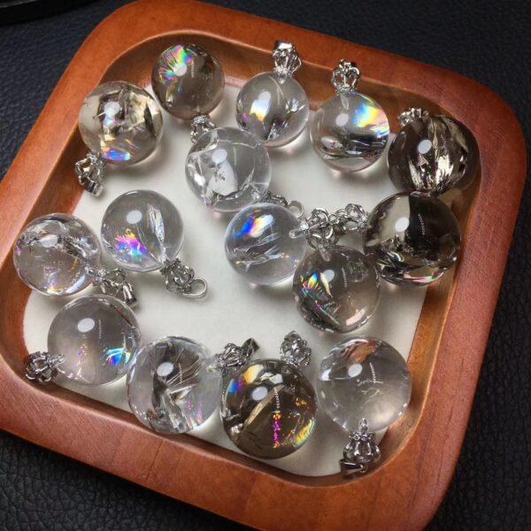 round shape natural rainbow light clear and smoky quartz bead sterling silver charm - Image 5