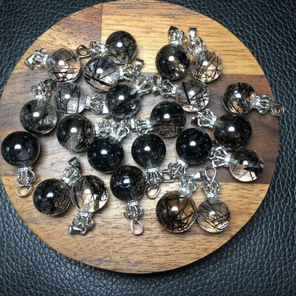 round shape natural Black Rutilated Quartz bead sterling silver crown charm - Image 5