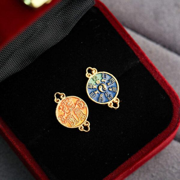gild sterling silver Taoist Runes pattern round shape bead, orange enamel bead, 2 pieces / 5 pieces - Image 5